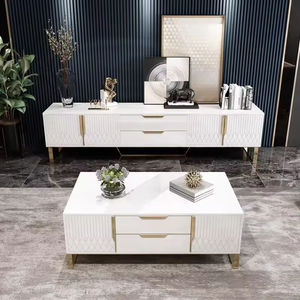 Ensemble de table basse et de meuble <span class=keywords><strong>TV</strong></span> pour salon, couleur blanc et noir moderne, avec pieds en acier inoxydable doré - Product Image 3