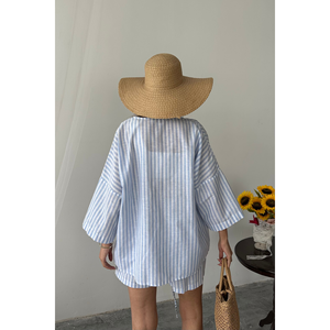 Conjunto de túnica y pantalones cortos a rayas azules, conjunto informal de verano para mujer, ropa de playa holgada - Product Image 1