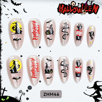 24 faux ongles à presser, forme amande, motifs Halloween (fantôme, chauve-souris, arbre, croix, couronne dorée, paillettes), vente en gros et dropshipping