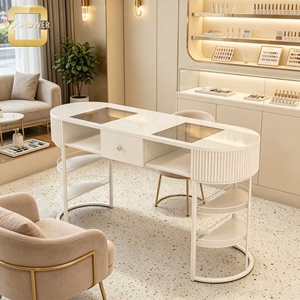 Station de manucure double haut de gamme, entièrement blanche, <span class=keywords><strong>à</strong></span> rainures verticales, avec plateau incurvé, pour salon de manucure et spa de beauté - Product Image 2