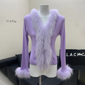 Áo khoác cardigan len nữ dáng ôm cổ V thanh lịch, viền lông chồn thật, thời trang mùa thu - Product Image 5