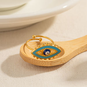 Bijoux de luxe plaqué or 18K bague mauvais yeux en acier inoxydable émail bleu anneau oeil réglable pour les femmes - Product Image 6