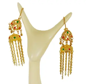 Vintage Royal Design With Cubic Zirconia Indian Gold Plated Statement Large Tassel Drop Lantern Beaded Ethnic Earrings For Women