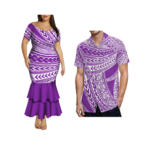 Venta al por mayor personalizado a juego ropa de pareja señora fuera del hombro polinesio estampado sirena vestido de graduación y Plus tamaño Aloha hombres camisa - Product Image 3