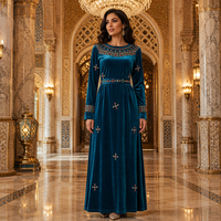 Abaya brodée à col rond, manches longues, en velours, robe de soirée maxi musulmane, robe kaftan luxueuse à perles pour mariage et fête