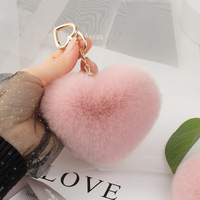Porte-clés de voiture en fourrure de lapin Rex en forme de cœur, édition commémorative artisanale, avec pompon cœur pêche, pendentif de sac en peluche mignon