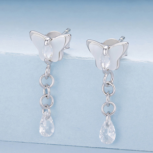 Boucles d'oreilles pendantes papillon plaquées argent avec pierre en zircon taille poire, bijoux fantaisie pour femme, style mignon pour soirée - Product Image 3