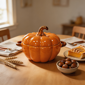 Ciotola in Ceramica a Forma di <span class=keywords><strong>Zucca</strong></span> Personalizzata con Coperchio, Pentola Creativa per Zuppa di Verdure, Contenitore per Alimenti per la Stagione Autunnale - Product Image 2