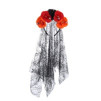 Serre-tête en maille avec roses du Jour des Morts mexicaines, voile noir d'Halloween et motifs floraux et crânes