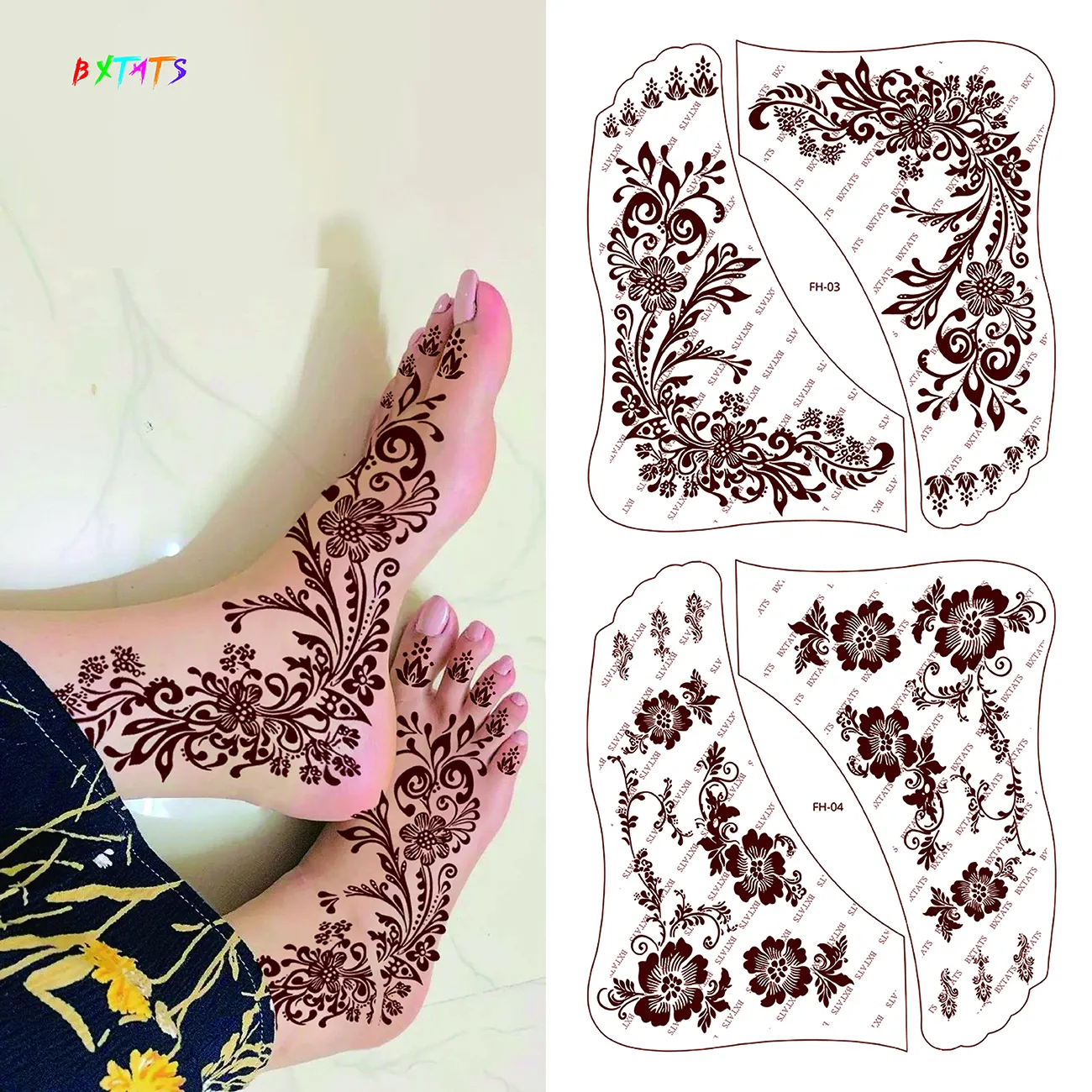 Créations distinctives Mehndi Art pieds tatouage au henné dentelle indienne autocollants de tatouage étanche Mandala pied henné conceptions en marron
