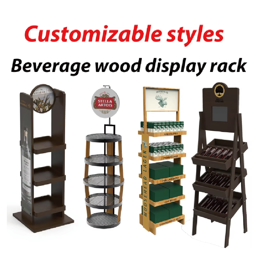 Customized Double-Sided Light Duty X-Shaped Wooden Display Stand with Whiskey Shelves for Supermarkets — view 5