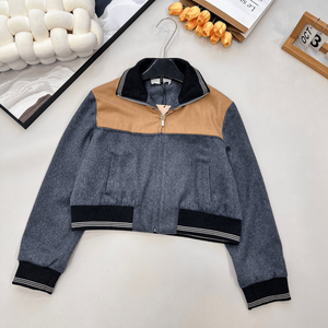 Chaqueta Bomber de Lana con Bloques de Color para Mujer, Cuello Alto, Cierre de Cremallera, Estilo Casual y Corto - Product Image 1