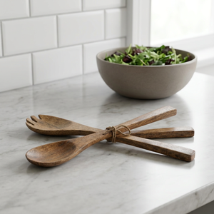 Mango Wood <b>Salad</b> Servers, traditional utensils hand-carved from mango wood. Measures 2"W x 11"L Hand-wash only - Product Image 3