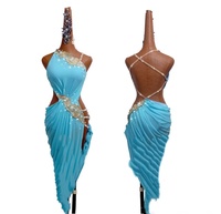 Robe de danse salsa et latine bleue asymétrique à strass et paillettes pour femme, tenue de compétition de danse de salon