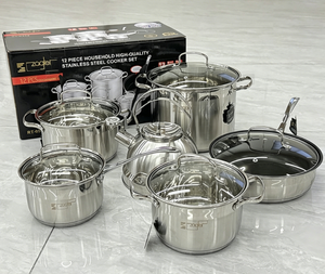 Conjunto de Panelas de Aço Inoxidável Reforçado 12 Peças: Panela Grande, Panela, Frigideira, Chaleira com Apito - Utensílios de Cozinha Modernos e Minimalistas - Product Image 1