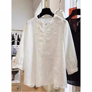 White Cotton Linen Embroidered 3/4 Sleeve Blouse Women Summer Casual Vintage Style Top - Product Image 3
