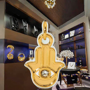 Gold Plated <b>Hamsa</b> Hand Charm With Diamond Eye Bezel Set Unisex Religious Pendant Jewelry Gift - Product Image 3