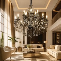 Lámpara Colgante de Cristal Ahumado con LED, Estilo Candelabro, Marco de Metal Negro para Sala de Estar, Hotel, Villa, Venta al Por Mayor