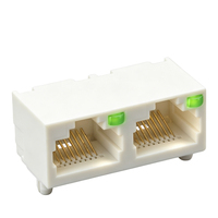 Konektor Jaringan Ethernet PCB Mount Berlapis Emas 8P8C Dengan LED Vertikal DIP, Jack RJ45 Dual Port 1*2 Full Plastik