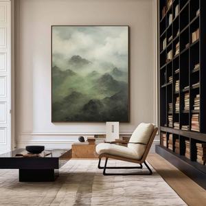 Peinture de paysage de montagne brumeuse, art sur toile vert et gris serein, peinture murale artisanale, art mural sur toile - Product Image 5