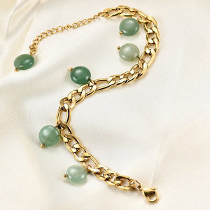 Pulsera de Cadena Figaro con Borlas de Piedra Natural Verde Estilo Retro Europeo Americano, Pulsera de Acero Inoxidable Chapada en Oro de 18K para Mujer - Product Image 3