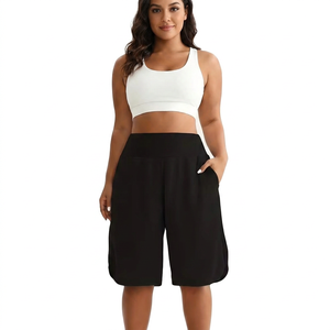 Shorts Bermuda Femme Décontractés Noir Uni Taille Haute Anti-Frottement Élastique avec Poches Coupe Ample en Tricot Spandex Polyester - Product Image 1