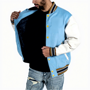 Men's Light Blue <b>Waterproof</b> Eco-Friendly Varsity <b>Jacket</b> with White PU Sleeves <b>Yellow</b> Buttons Casual College Style Stand Collar - Product Image 4