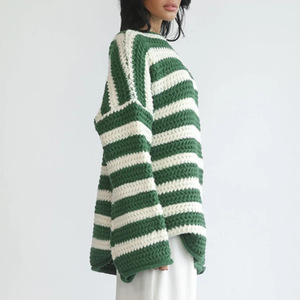 <span class=keywords><strong>Pull</strong></span> décontracté tricoté à <span class=keywords><strong>col</strong></span> <span class=keywords><strong>bateau</strong></span> et manches longues, à rayures et carreaux épais, style transfrontalier Europe-Amérique, pour <span class=keywords><strong>femme</strong></span>, collection automne - Product Image 3