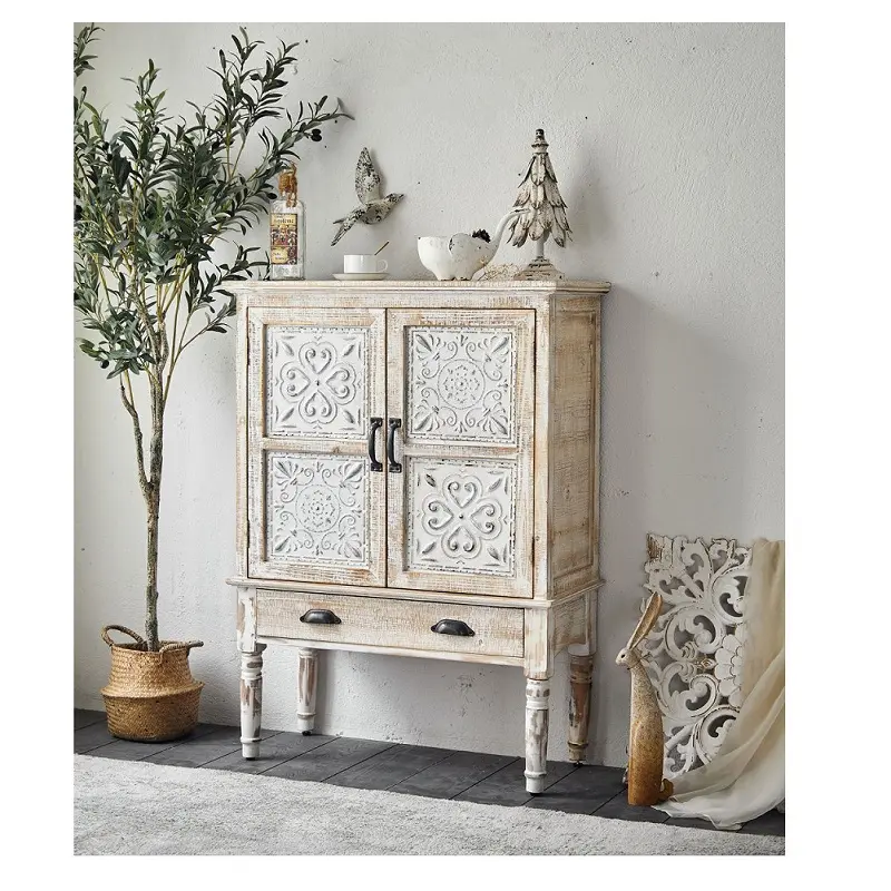 INNOVAHOME tiroirs armoire en bois meubles de maison ferme style folklorique massif sculpté en bois meuble de rangement avec jambe en métal