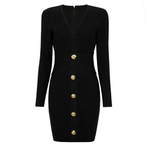 AIMEISI Nuovo Abito Aderente da <span class=keywords><strong>Donna</strong></span> con Scollo a V e Bottoni Metallici, Elegante <span class=keywords><strong>Vestito</strong></span> Casual da <span class=keywords><strong>Donna</strong></span> - Product Image 5