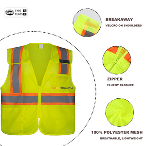 سترة أمان عالية الوضوح من الفئة 2 حسب معايير ANSI بلونين مع شريط عاكس بعرض 2 بوصة وإغلاق بسحاب وشعار مخصص وحقيبة أمامية - Product Image 1