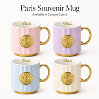 Mug à café en céramique Souvenir de Paris, France, avec la Tour Eiffel en relief et badge métallique doré 3D, en grès, personnalisable OEM ODM, vente en gros