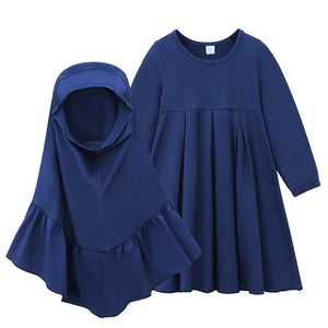 Robe Abaya Modeste à Manches Longues pour Femme avec Hijab, Couleur Unie, Ourlet Plissé, Col Rond, Coton, Usage Quotidien, Style Moyen-Orient - Product Image 1