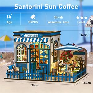 Casa de Madera en Miniatura Estilo Santorini, Modelo de Cafetería Soleada, Kit de Bricolaje para Armar a Mano (21x17x13.2cm), Éxito de Ventas - Product Image 2
