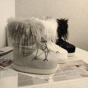 حذاء برقبة لثلج موضة القمر والفضاء للنساء في فصل الشتاء جديد سميك دافئ كم سادة غير قابل للانزلاق بطانة مبطنة بالفم - Product Image 1