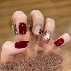 Sg1986 Faux Ongles Courts à Pression 10 Pièces Rouge <span class=keywords><strong>Rubis</strong></span> Effet Œil de Chat Pailleté Motif Fleur de Prunier Faits Main Ongles de Luxe Haute Qualité Vente en Gros - Product Image 3