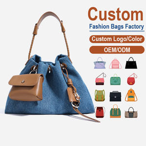 Denim <b>Drawstring</b> Bag –Blue with Brown Trim & Detachable <b>Pouch</b>, Multi-Color Options,Customizable for Women’s Daily Use & Fashion - Product Image 1