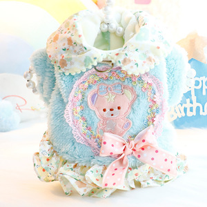 Floral Print Fleece <b>Dog</b> Dress With Bow Winter Autumn <b>Small</b> <b>Dog</b> Teddy Pet <b>Clothes</b> - Product Image 1