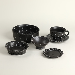Japanese Style Handmade Black Pottery Dinnerware Set Retro Relief Cross Pattern Cup Bowl Plate Modern <b>Gift</b> Microwave Safe - Product Image 2