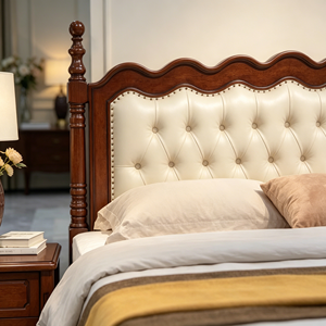 Traditional Mahogany <b>Queen</b> <b>Bed</b> <b>Frame</b> with Faux Leather Upholstered Headboard and Storage Footboard - Product Image 3