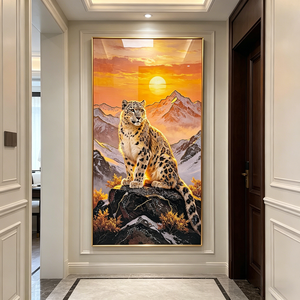 Tableau mural de luxe Léopard des neiges, scène de montagne pleine lune, animal sauvage, peinture en porcelaine cristalline LED, décoration de salon et de maison - Product Image 1