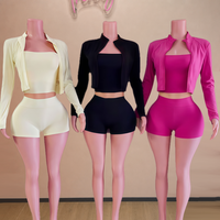 Ensemble de sport 3 pièces pour femmes avec logo personnalisé, veste à fermeture éclair à manches longues, hauts et shorts moulants