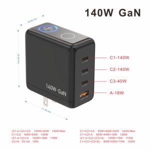 Cargador de Pared Inteligente con Pantalla Digital, 140W GaN, 4 Puertos, Carga Rápida de 40W Tipo <span class=keywords><strong>C</strong></span>, <span class=keywords><strong>18W</strong></span> <span class=keywords><strong>USB</strong></span> A, con Detección de Temperatura - Product Image 3