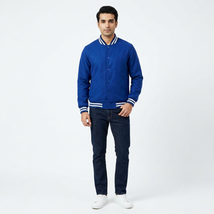 <b>Mens</b> Navy Blue Varsity Style Stand Front <b>Jacket</b> <b>White</b> Striped Ribbed Trim Snap Button Closure Lightweight Casual Urban Outerwear - Product Image 1
