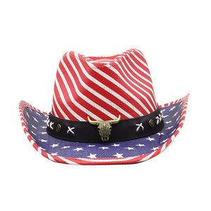 Chapeaux de cowboy en <span class=keywords><strong>paille</strong></span> en vrac bon marché Offre Spéciale à la mode aux États-Unis chapeau de cowboy américain avec des rayures et des étoiles - Product Image 4