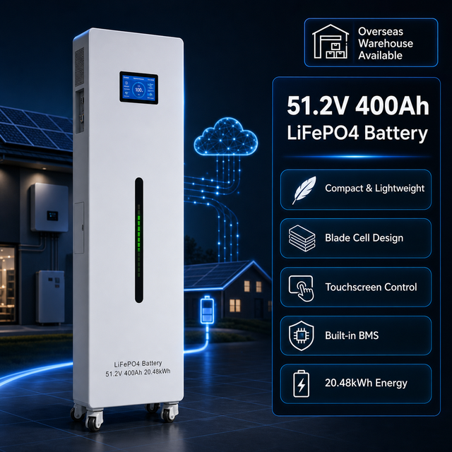 20kWh 51.2V 400Ah LiFePO4 Battery Pack 48V for Whole House Backup Power Storage Solar Energy System