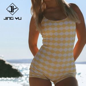 Traje de Baño de Mujer con Estampado de Cuadros de Playa, Personalizado, Ecológico, de Nailon, de Una Pieza, con Frente Plano - Product Image 4