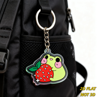Porte-clés en acrylique grenouille verte mignonne câlinant une fraise, design animal et fruit, bord transparent, chaîne à anneau métallique, accessoire amusant sur le thème des collations