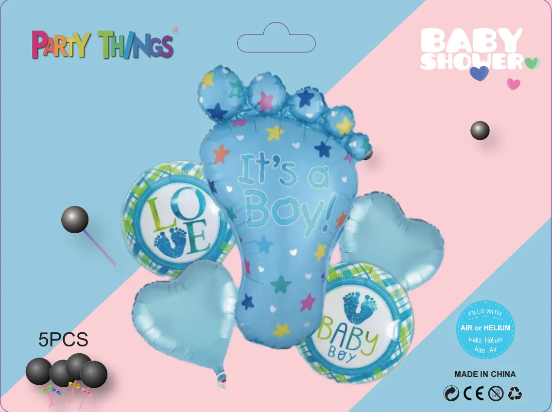 Baby Boy and Girl Foil Balloons Set-Blue and Pink Star Round Heart Foot and Bottle shape white dot Sequin Foil balloons Kits