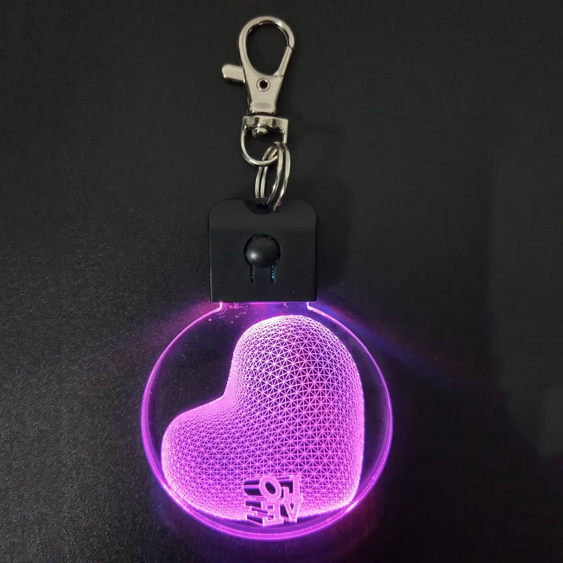 RGB 7 Colors Flash 3D LED Light LOVE Engraved Keyring Heart Light Acrylic Keychain